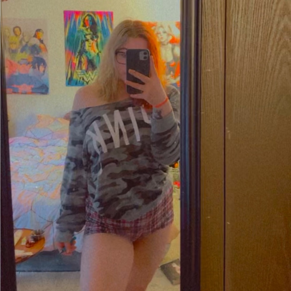 PINK grey camo over the shoulder sweatshirt